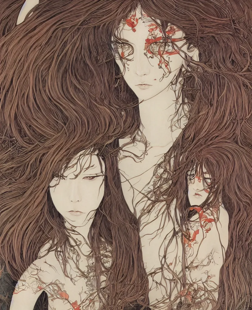 Prompt: beautiful, tanned woman with long hair, in the style of takato yamamoto, yoshitaka amano, gouache painting, anime, japanese, symmetrical, intricate, ink,