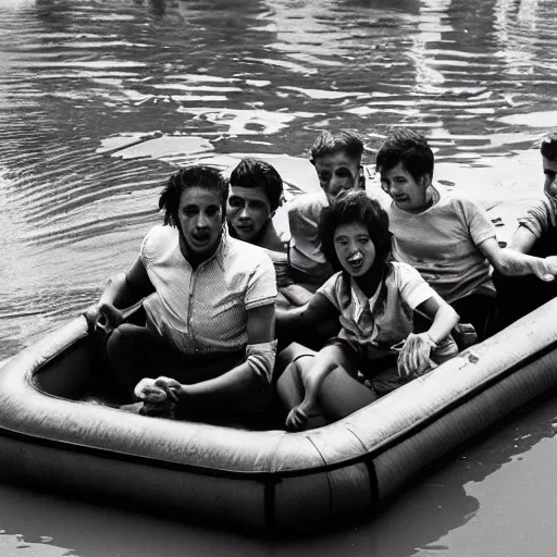 Prompt: a group of refugees on a raft, water ride amusement park, war photography