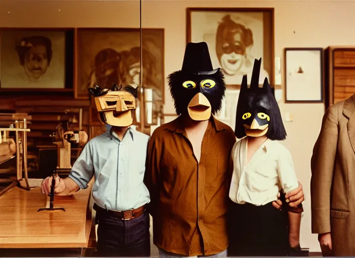 Image similar to realistic photo portrait of the family, brown mustard shirt, black tie, crow mask face, wooden polished and fancy expensive wooden laboratory hall interior with museum artifacts 1 9 9 0, life magazine reportage photo