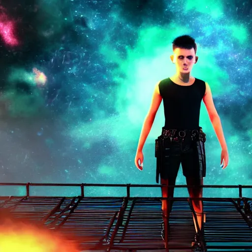 Image similar to A beautiful boy wearing a black mesh crop top and black shorts standing in a mad max cage. The boy is surrounded by a colorful nebula. Cyberpunk, Digital Art, unreal engine 5, 50mm, f2.8