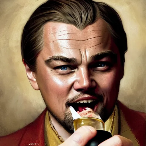 Prompt: leonardo dicaprio from django laughing with tounge slightly visible in mouth and holding a glass of sherry, aristocratic clothing, highly detailed, intricate, digital painting, artstation, sharp focus, illustration, art by jakub rozalski, greg rutkowski, artgerm, tan zi and ayanamikodon and alphonse mucha and wlop