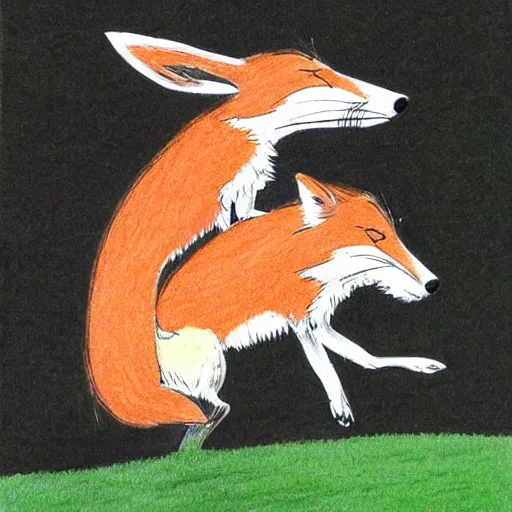 Image similar to ralph steadman style drawing of a fox and rabbit playing together, very detailed