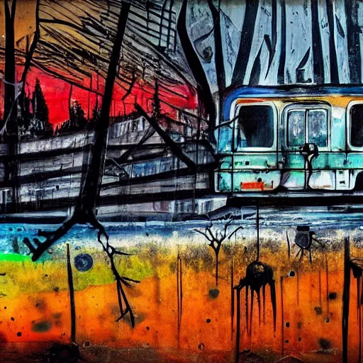 Prompt: subway arriving train decay, building stone big bear shape, expressive painting, colorful, detached dreams, Ultra-Wide Angle, Long double Exposure, black night sky wolves with burned trees, paint drips and palette knife, by Jackon Pollock