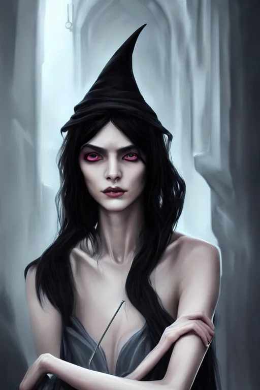 Prompt: ultra realistic style illustration of an androgynous gorgeous witch with shoulder length black hair pale skin and beautiful eyes, headshot, sci - fi, fantasy, intricate, elegant, highly detailed, digital painting, artstation, concept art, smooth, sharp focus, illustration, 8 k frostbite 3 engine, ultra detailed