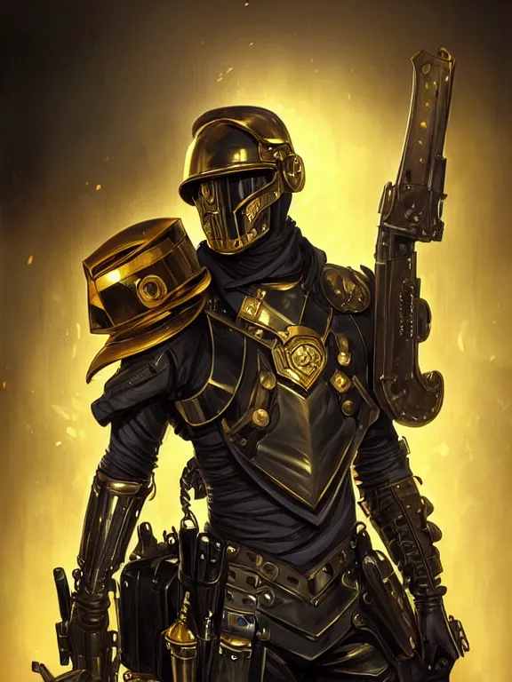 Prompt: picture of city enforcer, male, armor, helmet, steampunk tech, black and gold, grimdark, digital painting, highly detailed, smooth, sharp contrast, digital paintin, by artgerm and greg rutkowski and alphonse mucha, comic cover art