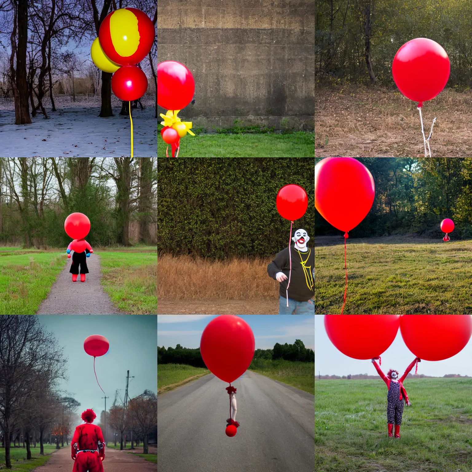 Prompt: it the clown stand in the distance with a red balloon looking at the camera