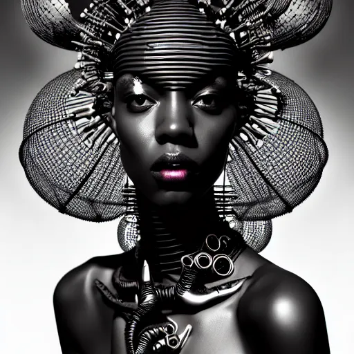 Image similar to portrait of an absurdly beautiful, graceful, sophisticated, fashionable black cyberpunk mechanoid gravure idol, hyperdetailed illustration by irakli nadar, adut akech, matt wisniewski style, intricate linework, dark black porcelain skin, jellyfish headdress, unreal engine 5 highly rendered, global illumination, red light, detailed and intricate environment