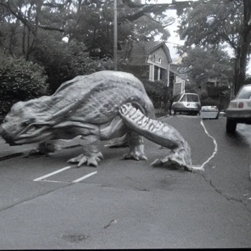 Image similar to 1 9 9 3, disposable camera, flash, suburbia street, giant reptile creature walking, meat, ooze, slime, veins, wet