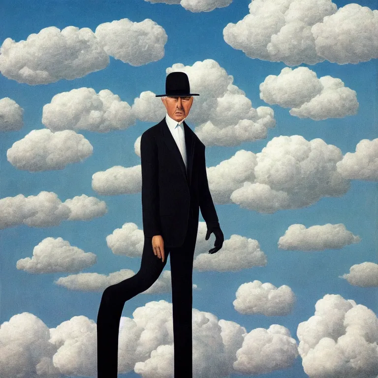 Image similar to portrait of a faceless chrome - head man in a suit and black gloves, clouds and nature landscape in the background, by rene magritte, detailed painting, distance, centered, hd, hq, high resolution, high detail, 4 k, 8 k