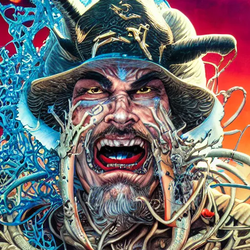 Image similar to portrait closeup of crazy captain hook, symmetrical, hyper detailed, by yoichi hatakenaka, masamune shirow, josan gonzales and dan mumford, ayami kojima, takato yamamoto, barclay shaw, karol bak, yukito kishiro