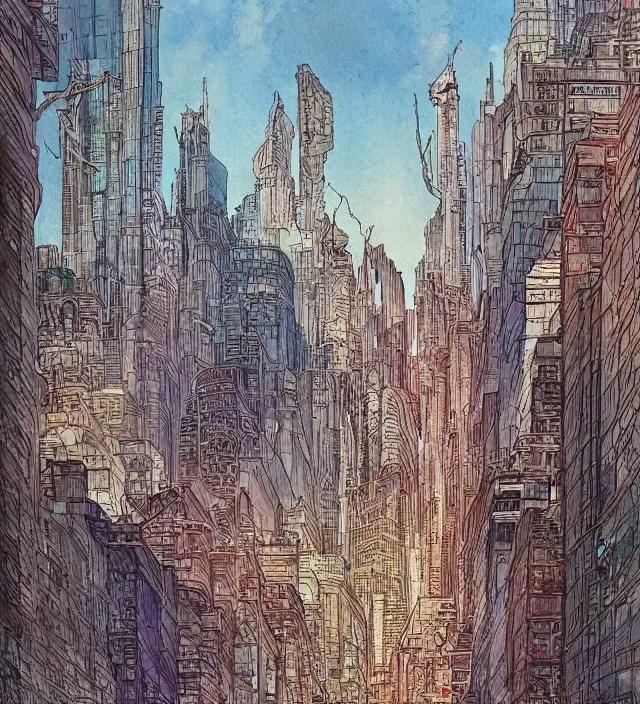 Image similar to a watercolor ink painting of a post - apocalyptic new - york in the style of jean giraud in the style of moebius trending on artstation deviantart pinterest detailed realistic hd 8 k high resolution