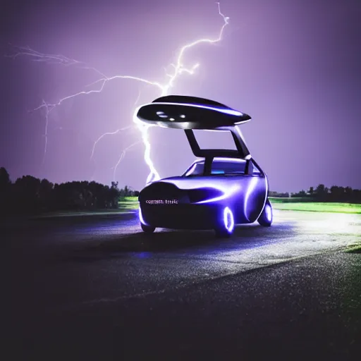 Prompt: futuristic flying car circumscribed by a circle made of lightning, in the sky, thunderstorm at night, 28mm dramatic photo