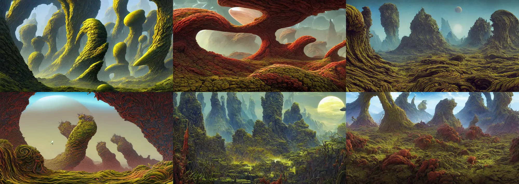 Prompt: beautiful rendering of distorted alien plants in extraterrestrial landscape with, roger dean, karol bak, moebius, martin johnson heade, mantra rendering, matte painting, high detailed, 4 k, trending on artstation