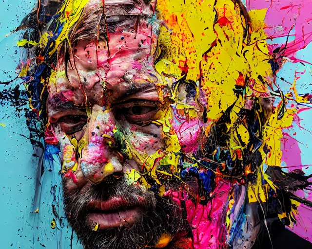 Image similar to abstract expressionist portrait of a head made of very thick impasto paint and acrylic pour and coloured powder explosion and splashing paint and dripping paint and flying paint chunks, eyes closed or not visible, expressing strong emotions, art by antony micallef, motion blur, hyperrealistic, intricate art photography, anatomically correct, realistic crisp textures, 1 6 k