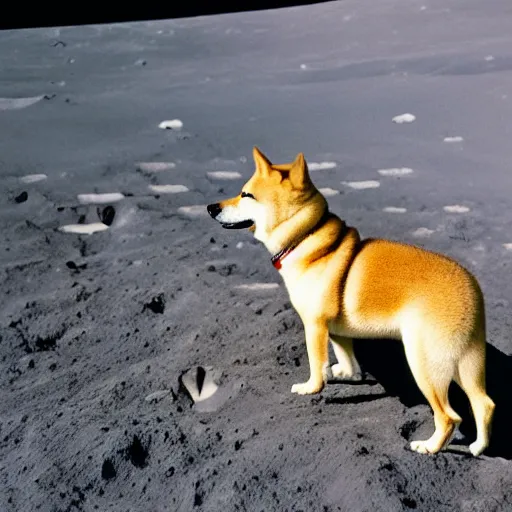 Image similar to professional photograph of a shiba inu on the moon, HD, high quality,
