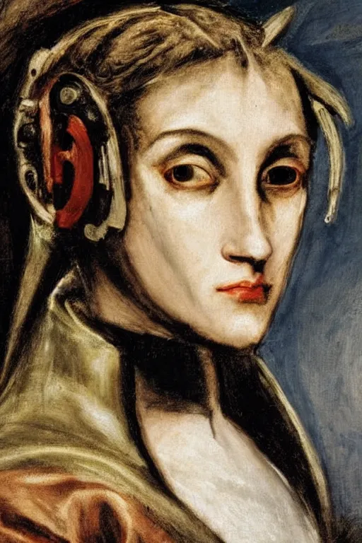 Prompt: a close - up portrait of a cyberpunk cyborg girl, by el greco, rule of thirds