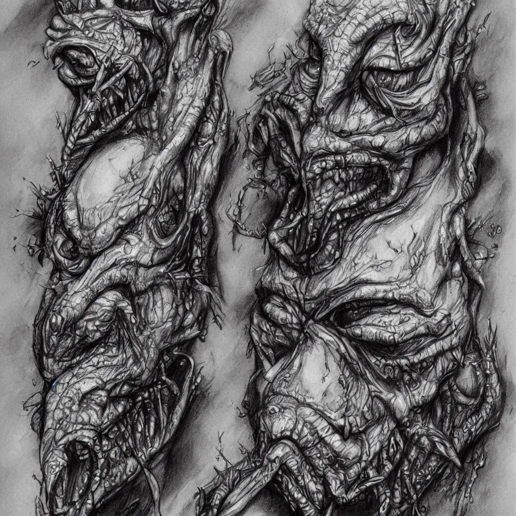 Prompt: super detailed studio portraits of innsmouth dweller concept art, innsmouth ocean - dwellers pencil sketch, mutant, fishmen, lovecraftian, hp lovecraft style, artistic photo, noir, monochrome, dark atmosphere, fine art, ink sketch