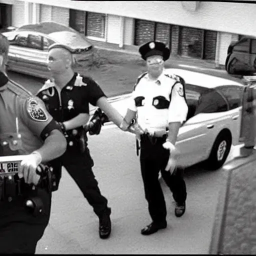 Prompt: the year 2 0 1 5, ronald mcdonald being arrested in florida cctv footage