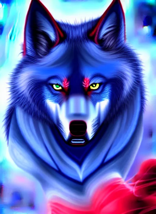 Image similar to blue wolf, red eyes highly detailed, deep focus, digital painting, smooth, sharp focus, anime art style, trending on artstation, 4 k