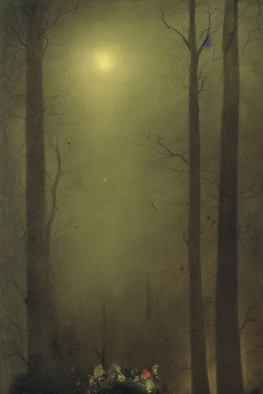 Image similar to moody painting of purple morning glory flowers vining and growing in a forest dimly lit at night. foggy volumetric darkness, muted colour palette oil painting on canvas henry fuseli