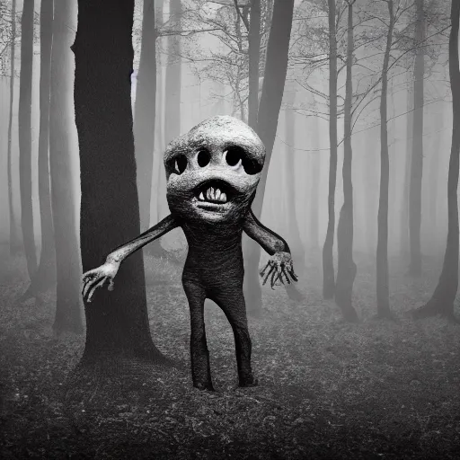 Image similar to disturbing creature with ghoulish face and long appendages, in a forest, black and white, realistic, with creepy fog