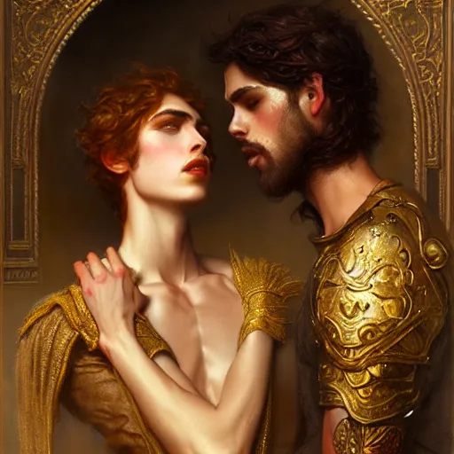 Image similar to attractive fully clothed king confesses his love for his attractive fully clothed male prince. highly detailed painting by gaston bussiere, tom bagshaw 8 k