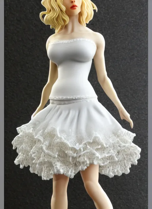 Prompt: Product Introduction Photos, 4K, Full body, 80mm resin detailed miniature of an attractive mature lady in White and short lacy ruffled skirt, Blonde hair