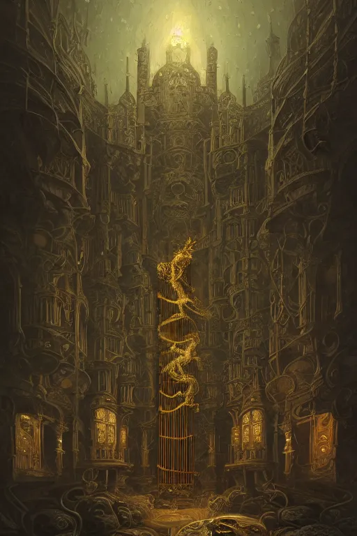 Image similar to illustration of close low angle view of an ornate obsidian gothic pipe organ with gold spidery embellishments, night, smoke, ground fog, by peter mohrbacher, by frank frazetta, by alex andreev, by vincent di fate, large depth of field, super detailed, digital art, trending on artstation, ornate