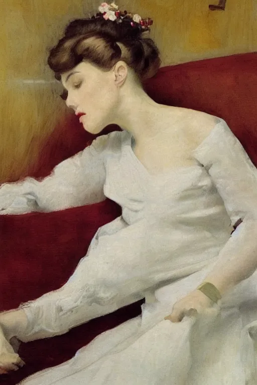 Image similar to european woman in a gown laying on couch, close up, bloom flowers, modern, eclectic, illustration, by ramon casas