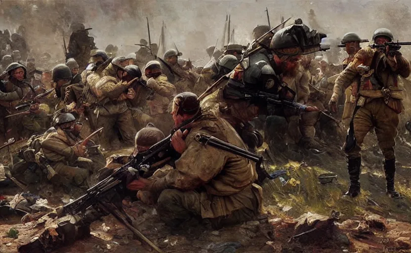 Image similar to high quality high detail painting by ilya repin, frontline, world war 3, hd