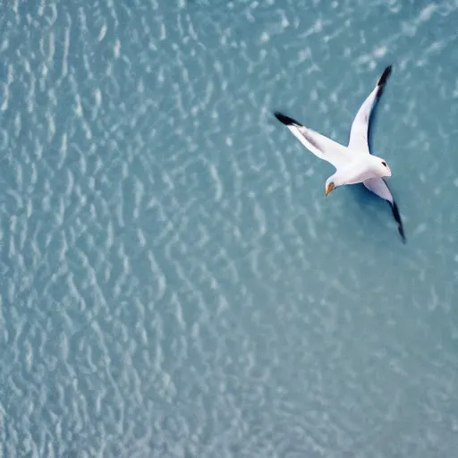 Image similar to simmetrical photo of a seagull flying seen exactly from above. Watching down. Seagull seen from above. 4k still award winning. Pleasant look and colors. Sea on the background.