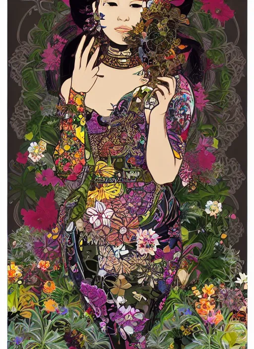 Image similar to !!! very coherent!!! vector art, beautiful floralpunk balinese cyborg portrait girl female illustration detailed patterns art of bali traditional dress, wearing gloves, flower pop art, floral splash painting, art by ashley wood, alphonse mucha, makoto shinkai, geof darrow, dark shadow