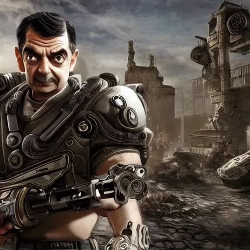 Image similar to Mr. Bean in Gears of War