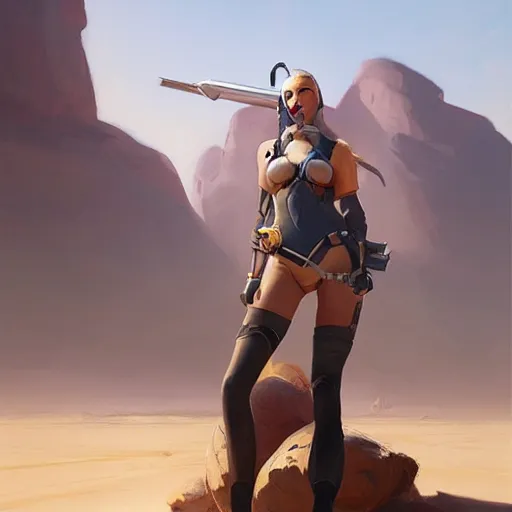 Prompt: very detailed masterpiece painting of ashe from overwatch in a desert, portrait, artstation, concept art by greg rutkowski