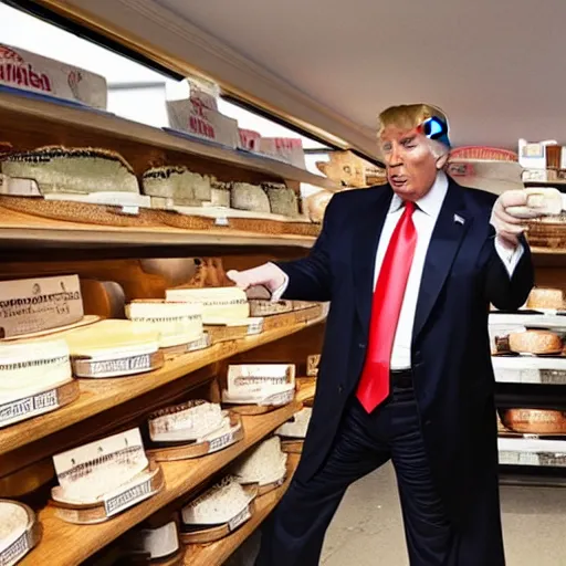 Image similar to Donald Trump stealing cheese from a cheese specialty store