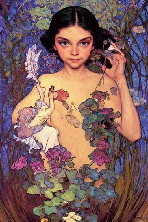 Image similar to :🧚🏽‍♀️🍄🐉:3, by Margaret Keane, greg rutkowski, thomas kindkade, alphonse mucha, loish, norman Rockwell,