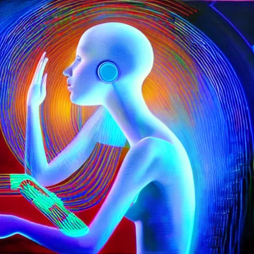 Prompt: A humanoid A.I. listens to a stream of music, converting it into a mesmerizing music video - contest-winning artwork. Stunning lighting, oil on canvas