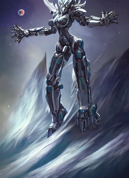 Image similar to goddess shot, galactic sized stunning beautiful anthropomorphic robot mecha female dragon, in space, larger than planets, posing elegantly, with earth in clawed hands, detailed silver armor, epic proportions, epic size, epic scale, ultra detailed digital art, furry art, macro art, dragon art, giantess art, warframe fanart, furaffinity, deviantart, realistic