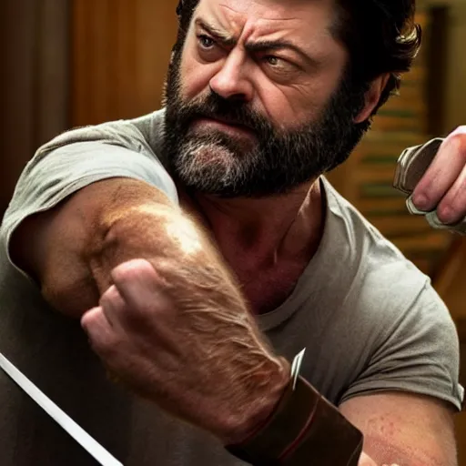 Image similar to logan wolverine pictured as nick offerman with 3 identical claws released off his wrist, photorealistic marvel movie still, detailed, 8 k, digital art