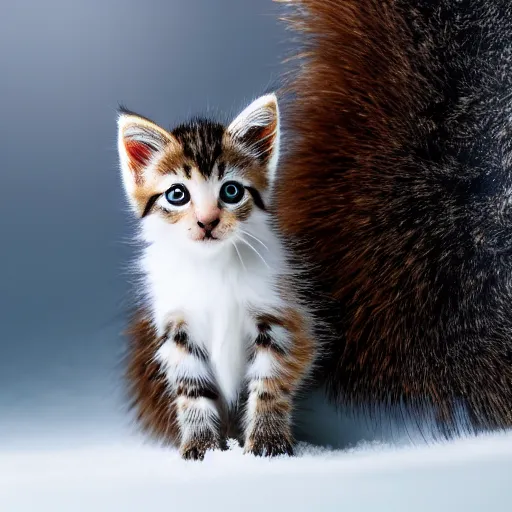 Image similar to super crisp closeup photo of a kitten with an extremely long monkey's tail. it is sitting in the snow, studio lighting, in the style of rodger deakins, moody, rim light, beautiful lighting, 8 k, stunning scene, blade runner, dune, seven,