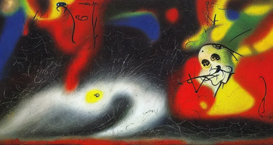 Image similar to an incredibly huge wave illuminated by anger and desire, played by muse and painted by joan miro, trending on artstation,