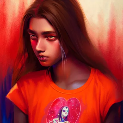 Image similar to colorful and festive captivating teenager with straight brown hair covering his eye, dark skin, big lips, big eyes, wearing a red t - shirt. rich vivid colors, ambient lighting, dynamic lighting, 4 k, atmospheric lighting, painted, intricate, highly detailed by charlie bowater