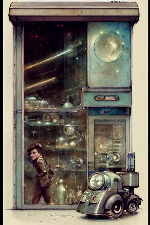 Image similar to ( ( ( ( ( 1 9 5 0 s retro science fiction shopfront. muted colors. ) ) ) ) ) by jean - baptiste monge!!!!!!!!!!!!!!!!!!!!!!!!!!!!!!