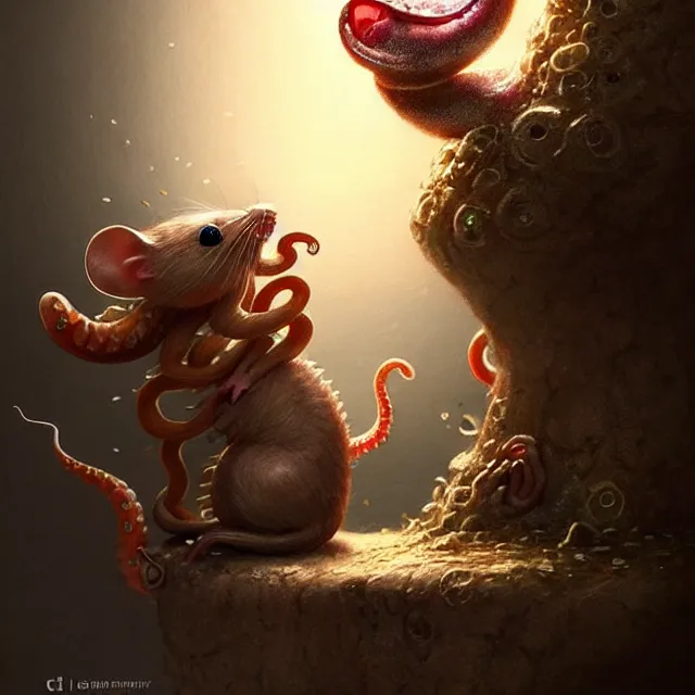 Prompt: 🐁 beside an 🐙 well composed, best on artstation, cgsociety, epic, stunning, gorgeous, intricate detail, wow, masterpiece