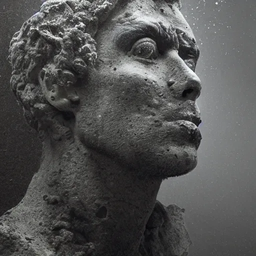 Image similar to Award-winning photograph by Mar Mann. The photo depicts a decaying roman bust of David Bowie overgrown with moss at the bottom of the sea in the middle of ruins of civilization. Minimalism, high definition, perfect composition. Deep sea picture. Very dark. Volumetric Lighting. Fish. Darkness. Ruins