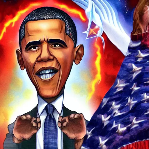 Image similar to muscular barrack obama ascends to godhood to defend the planet from aliens