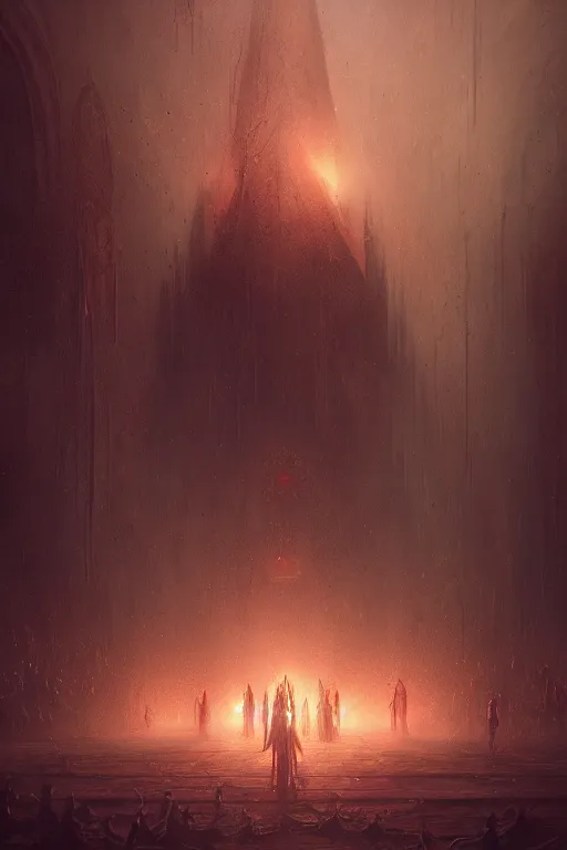 Image similar to people from cult worshipping demons, lit by the red light, abandoned by gods, hyperdetailed artstation cgsociety by greg rutkowski and by Gustave Dore