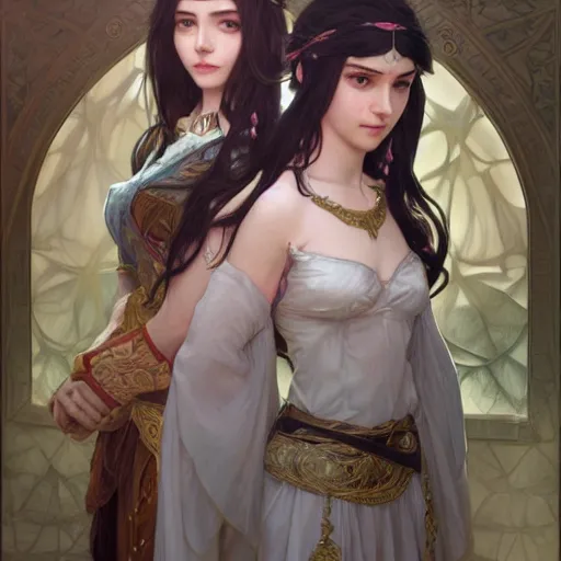 Prompt: portrait of Rem & Ram as actual girls, D&D, fantasy, intricate, elegant, highly detailed, digital painting, artstation, concept art, smooth, sharp focus, illustration, art by artgerm and greg rutkowski and alphonse mucha