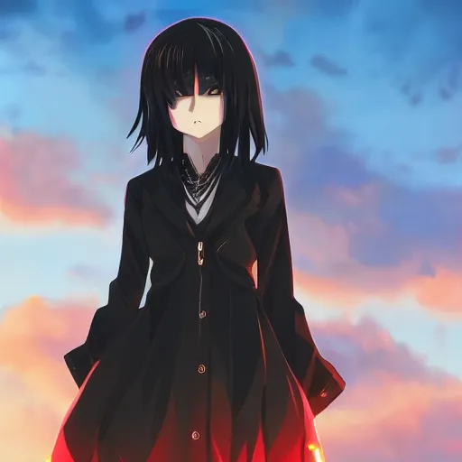 Image similar to 1 7 - year - old anime goth girl, black hair, long bob cut, long bangs, gothic coat, golden hour, partly cloudy sky, red clouds, orange sky, old town, strong lighting, strong shadows, vivid hues, ultra - realistic, sharp details, subsurface scattering, intricate details, hd anime, 2 0 1 9 anime