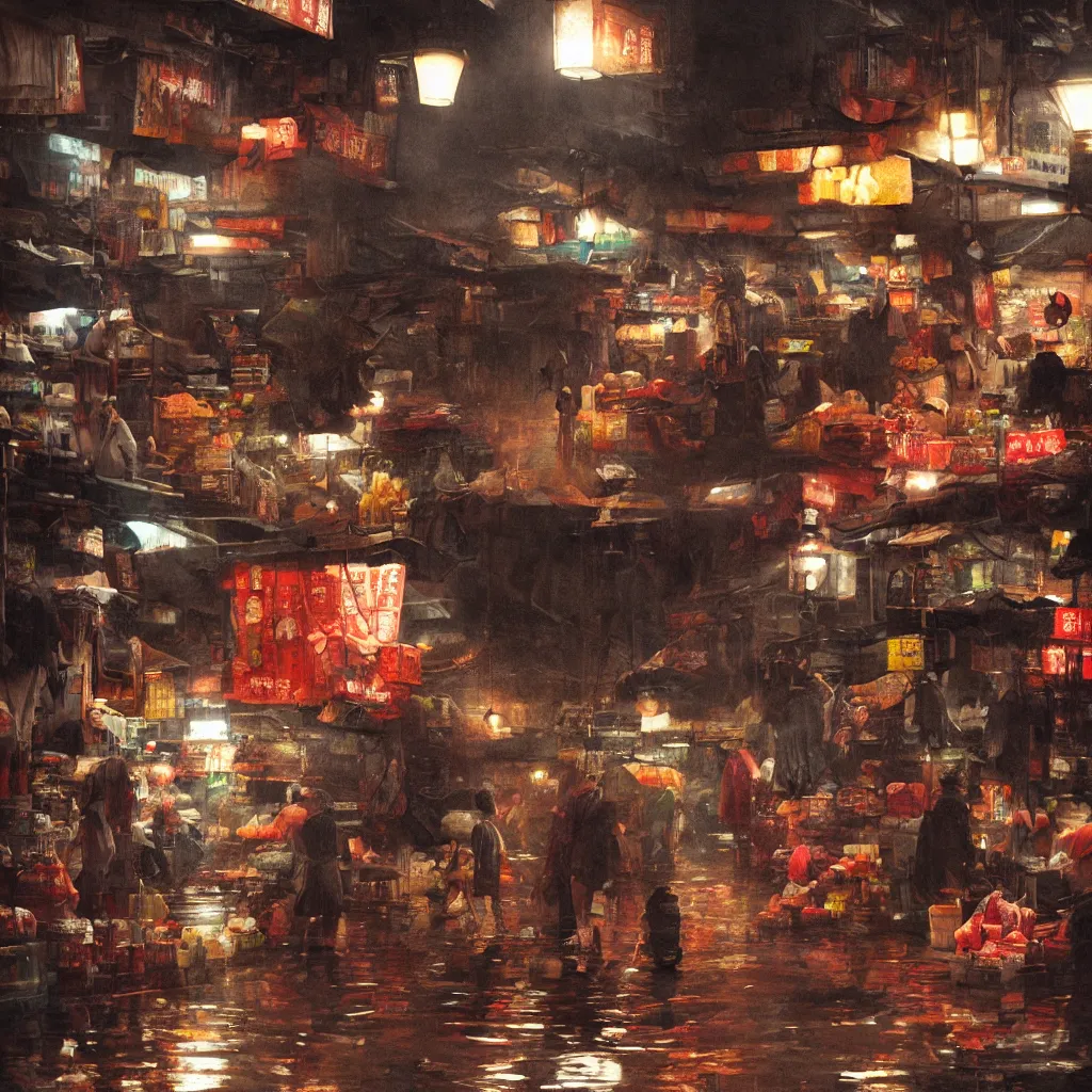 Prompt: an asian wet market at night, by greg rutkowski, cinematic lighting